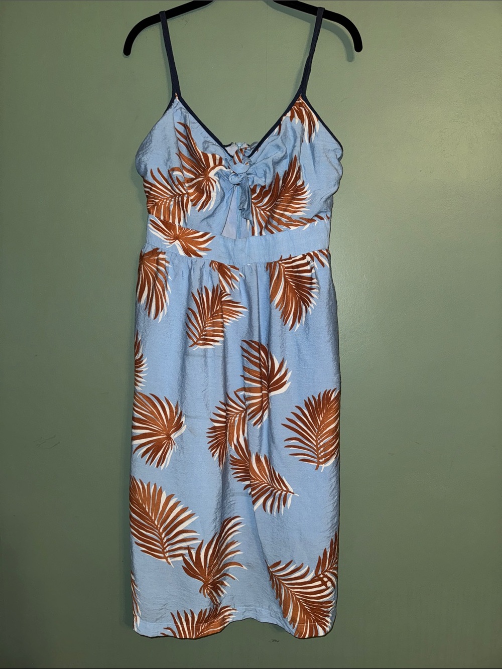 Lush Light Blue Dress with Navy Trim and Rust Palm Print with Cutout Large Beach